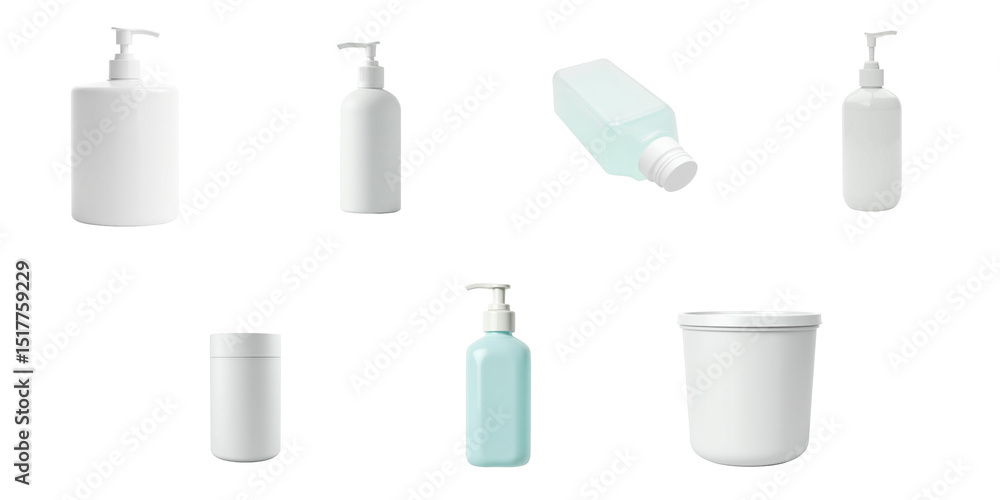 Poster collection of various beauty hygiene containers including pump bottles, jars, and tubes isolated on 