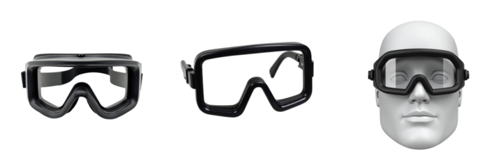 Welding goggles with flip-up feature in various angles displayed on a transparent background with a mannequin head for demonstration of fit and design
