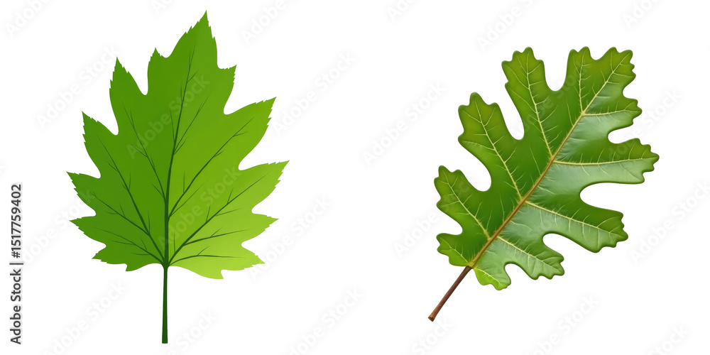 Poster two distinct fresh green oak leaves displayed against a transparent background, featuring detailed t