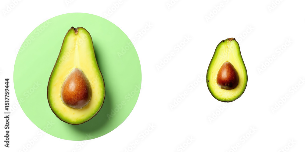 Aufkleber avocado halves displayed on contrasting transparent and green backgrounds highlighting the fruit's t