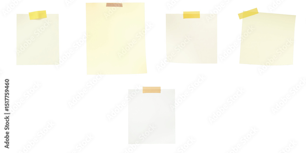 Poster assorted collection of adhesive sticky notes in various sizes with tape on transparent background is