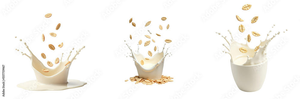 Poster isolated image of oat flakes falling into milk with splashes in various poses, featuring a clean tra