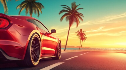 Car on summer road with palm trees and open sky. Background has free space for custom decoration or text. 