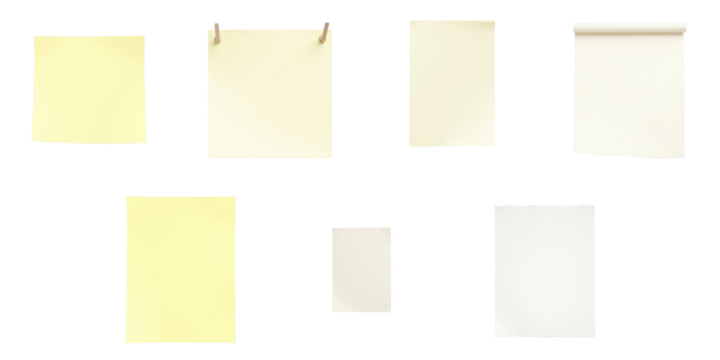 Collection of assorted sticky notes and blank sheets of paper in various shapes and sizes isolated on a transparent background for design use
