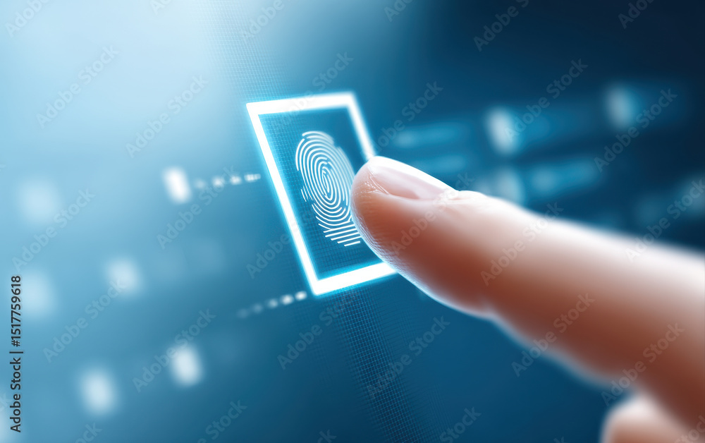 Poster client uses fingerprint touch to protect personal datum and information in cyberspace ensuring secur