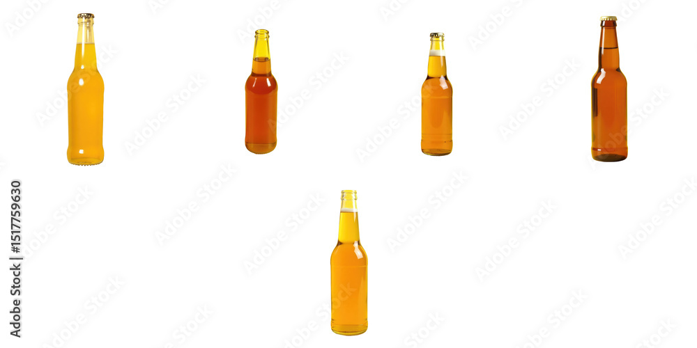 Poster Assorted bottles of cold beer in various shapes and colors with some closed, displayed against a transparent background highlighting shadows and reflections.