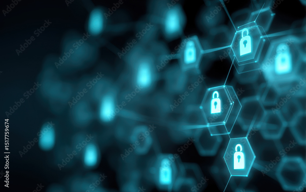 Poster cybersecurity system protects personal datum and client information in cyberspace with padlock icon 