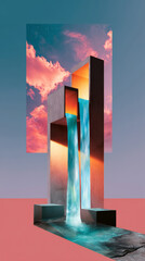 Modern monolithic waterfall structure against surreal sunset backdrop with clouds
