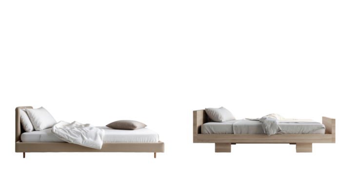 Modern minimalist beds for relaxation with plush bedding, showcasing two distinct styles on a transparent background, emphasizing clean lines and serene comfort.
