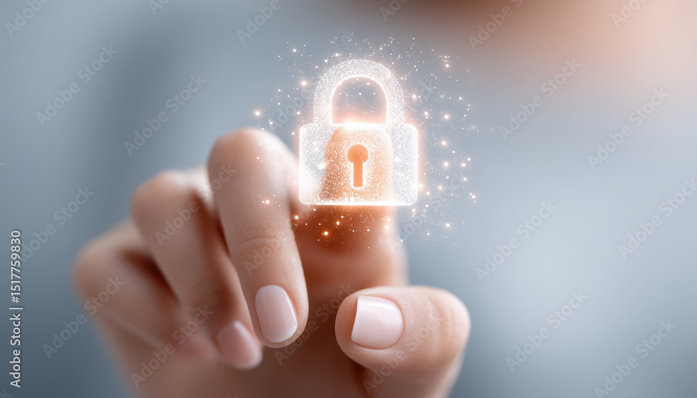 Poster client touches glowing padlock icon symbolizing personal datum protection and security system in cyb
