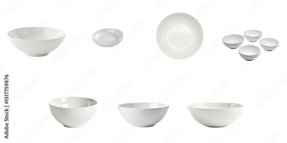 Poster set of various white ceramic bowls in different sizes and shapes arranged on a transparent backgroun