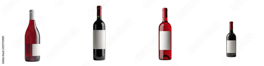 Poster variety of wine bottles with blank labels in different sizes and colors including red and transparen