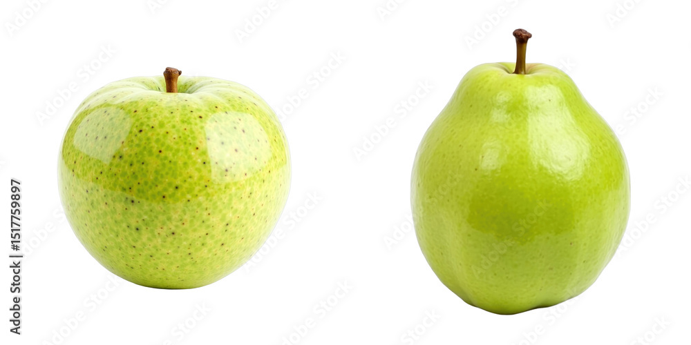 Poster fresh green apples and pears isolated on transparent background with clipping path, showcasing a glo