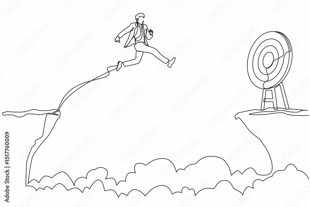 Poster single continuous line drawing businessman jumping over cliff to reach target. success move while ta