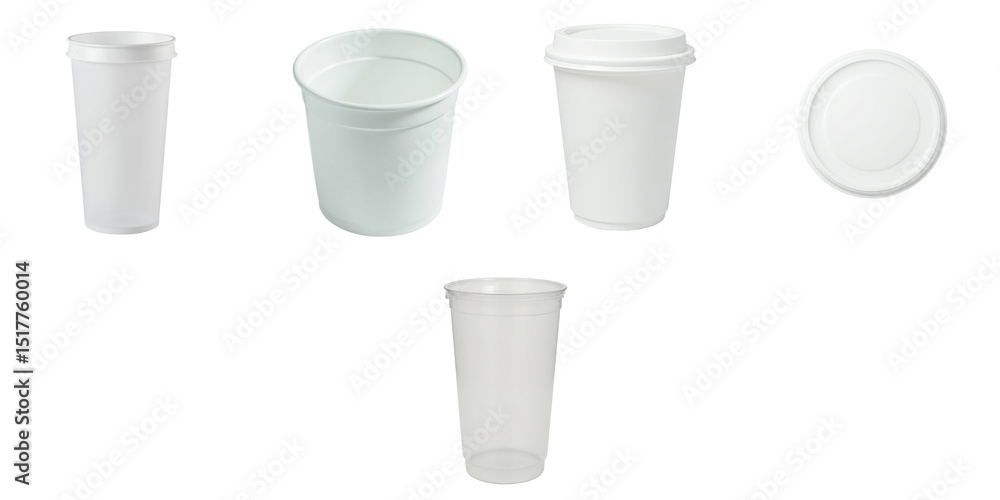Poster various types of disposable plastic drinking cups and lids arranged on a transparent background, sho