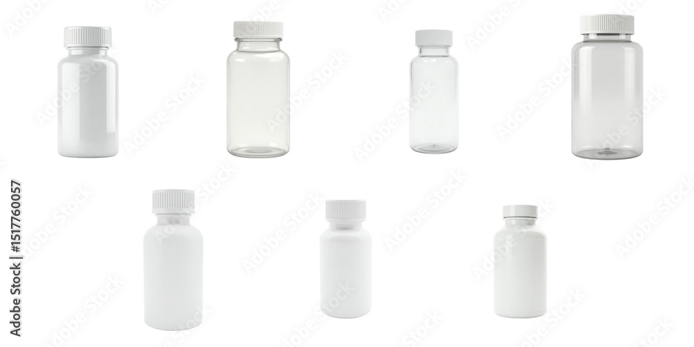 Poster assorted collection of blank medicine bottles in various sizes isolated on transparent background wi