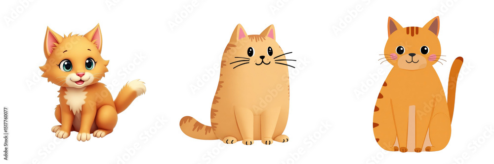 Poster three cartoon ginger cats with different expressions and designs isolated on transparent background 