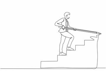 Single continuous line drawing young businessman use huge pencil to draw rising up stairs, walk climbing up ladder. Strategy reach business target, career path achievement. One line draw design vector