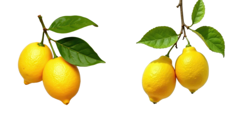 Isolated fresh citrus lemon fruits with green leaves, two clusters of sweet lemons on branches, transparent background, high-quality detail, ideal for food and beverage compositions.
