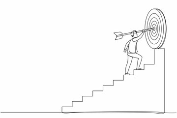 Continuous one line drawing businessman with arrow is running towards his goal, motivation is advancing, path to achieving goal is high, through stairs, steps of achievement. Single line design vector