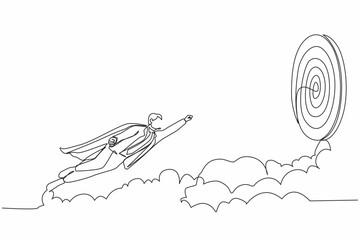 Continuous one line drawing superhero businessman in cloak flying up to target. Business success, leadership, professionalism, goal achievement. Single line draw design vector graphic illustration © Simple Line