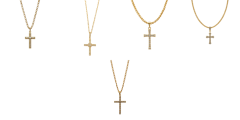 Collection of gold necklaces with cross pendants adorned with rhinestones featuring various chain designs isolated on transparent background. Subtle reflections and details visible.