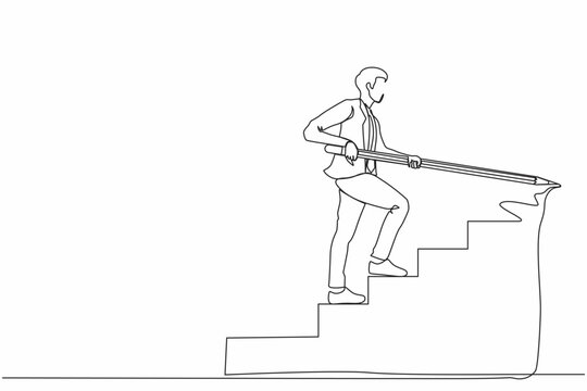 Single continuous line drawing young businessman use huge pencil to draw rising up stairs, walk climbing up ladder. Strategy reach business target, career path achievement. One line draw design vector