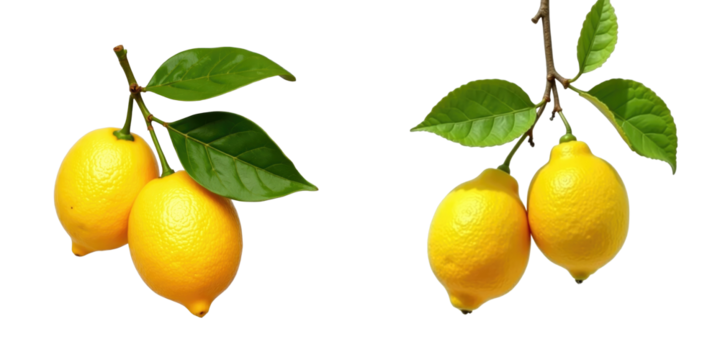 Isolated fresh citrus lemon fruits with green leaves, two clusters of sweet lemons on branches, transparent background, high-quality detail, ideal for food and beverage compositions.