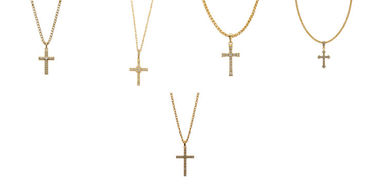 Collection of gold necklaces with cross pendants adorned with rhinestones featuring various chain designs isolated on transparent background. Subtle reflections and details visible.
