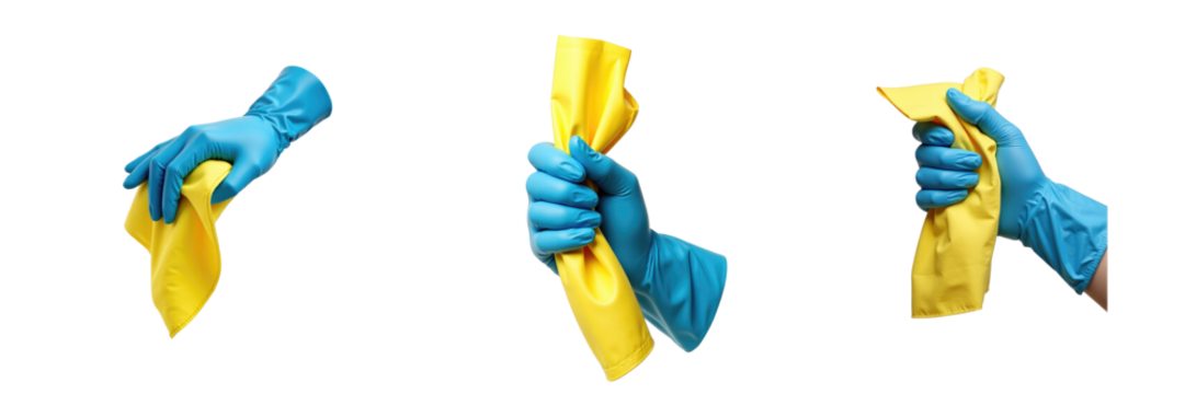 Female hand in blue rubber glove gripping yellow microfiber cloth showing different positions isolated on transparent background for cleaning concept