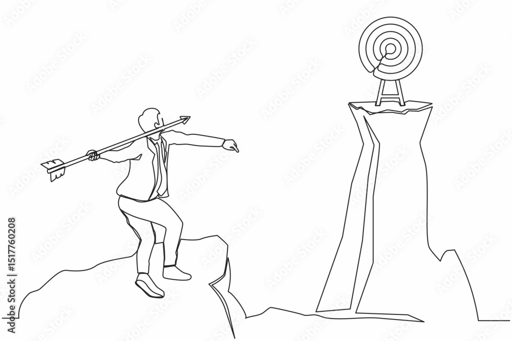 Poster continuous one line drawing businessman standing on peak of cliff targeting dartboard with big arrow
