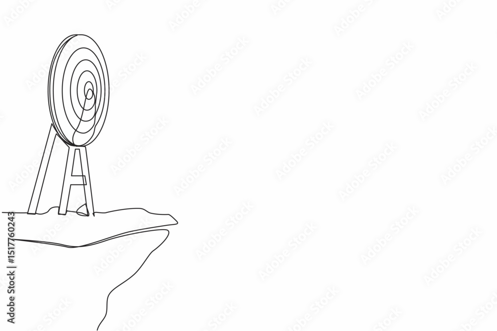 Poster continuous one line drawing archery target ring without arrows hitting bullseye on cliff. dartboard 