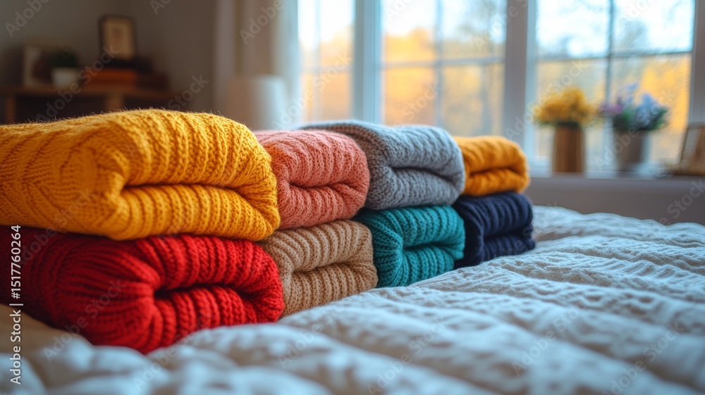Aufkleber soft, colorful blankets are neatly stacked on a bed next to a window, illuminated by warm light.