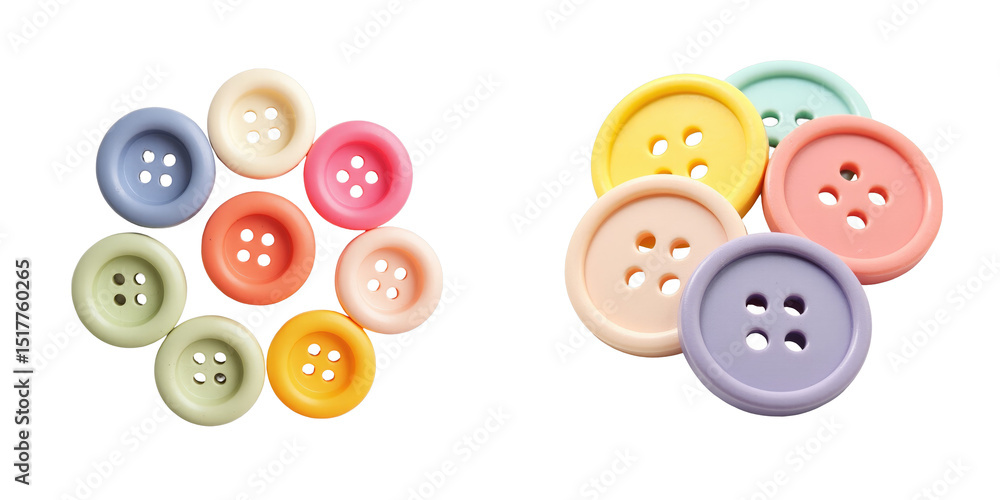 Poster colorful sewing buttons in various pastel shades arranged on a transparent background featuring two 
