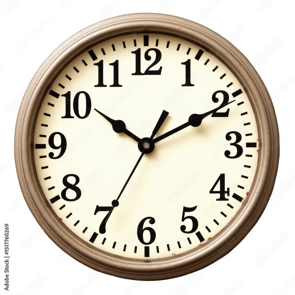 Poster vintage round wall clock with transparent numbers and gold frame displaying time against a transpare