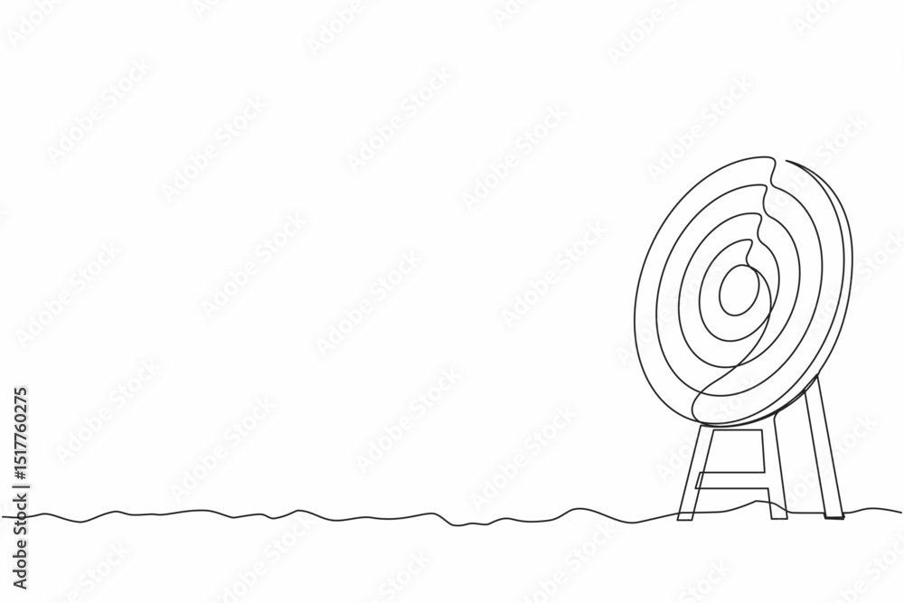 Poster single one line drawing archery target ring without arrows hitting bullseye. dartboard on tripod. go