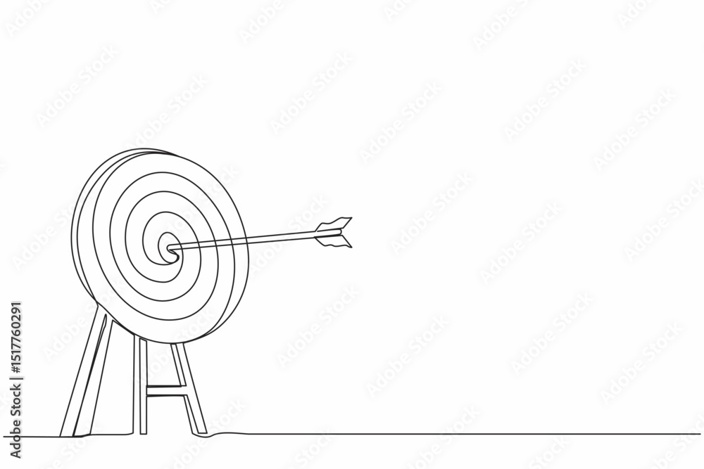 Poster single continuous line drawing archery target ring with arrows hitting bullseye. dartboard on tripod