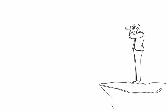 Single continuous line drawing businessman looking in binoculars standing on cliff. Business vision concept, leadership, achievement, target. Dynamic one line draw graphic design vector illustration