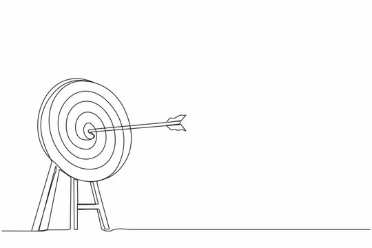 Single continuous line drawing archery target ring with arrows hitting bullseye. Dartboard on tripod. Goal achieving. Business success strategy symbol. One line draw graphic design vector illustration
