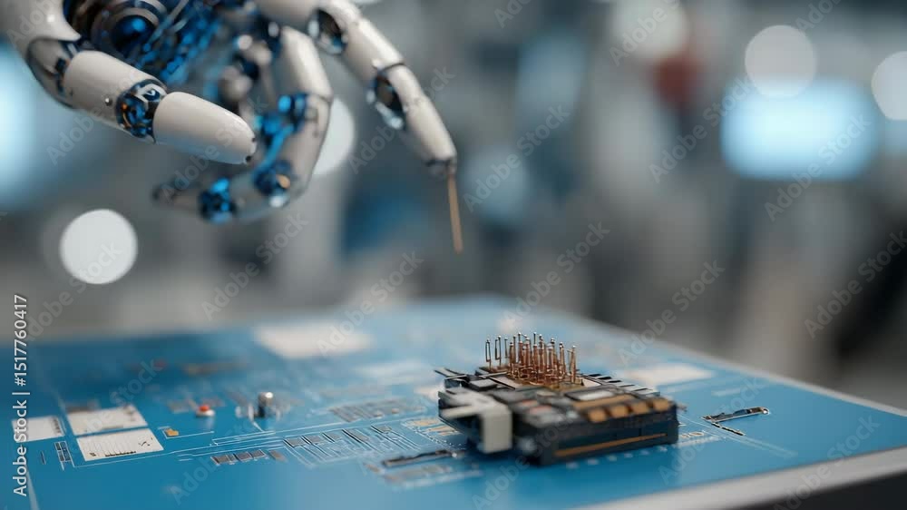 Aufkleber advanced robotic arm carefully placing a component onto a circuit board, highlighting the precision 