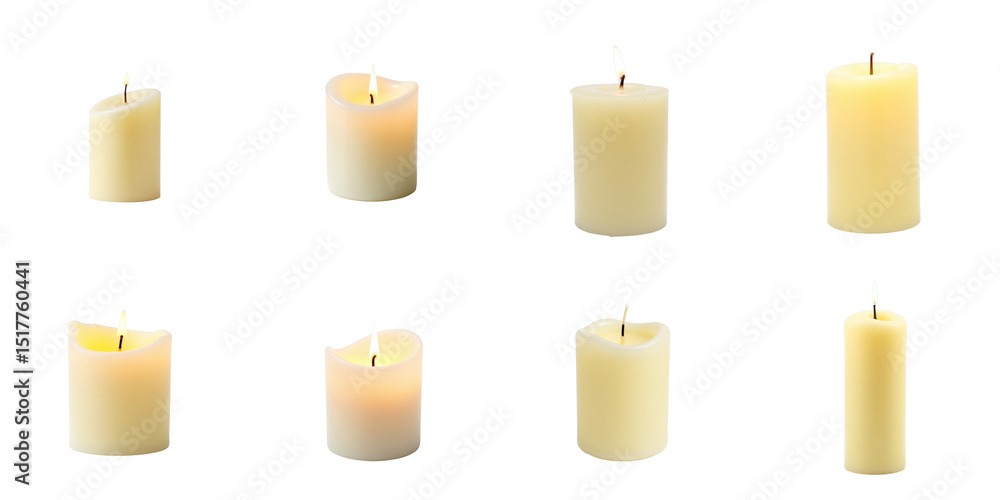 Poster various candle shapes isolated on transparent background showcasing diverse heights and styles with 