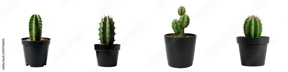 Poster variety of cacti in transparent pots isolated on transparent background for seamless integration in 