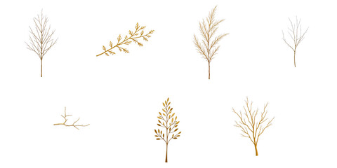 Collection of gold tree branches and leaves isolated on transparent background. Decorative elements for greeting cards and Christmas decor. Elegant golden illustrations.
