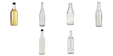 collection of six glass bottles in various styles including colored and clear variations isolated on a transparent background arranged in a grid pattern