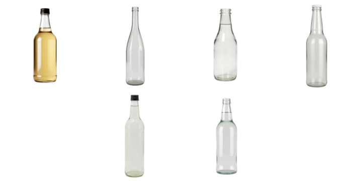collection of six glass bottles in various styles including colored and clear variations isolated on a transparent background arranged in a grid pattern