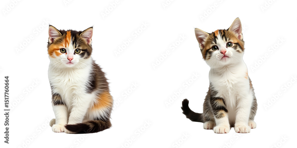 Aufkleber tri-colored fluffy kitten pair with distinct fur patterns sitting side by side on a transparent back