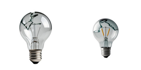 Two broken light bulbs on a transparent background with transparent outlines showcasing cracks and damaged filaments focusing on details of the broken glass and electrical components.