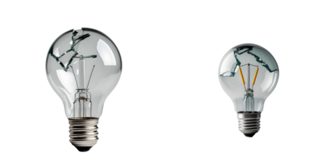 Two broken light bulbs on a transparent background with transparent outlines showcasing cracks and damaged filaments focusing on details of the broken glass and electrical components.