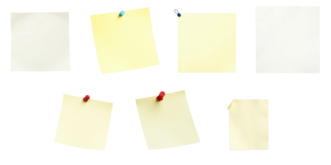 collection of various note paper squares isolated on transparent background with different colors and pins arranged in multiple positions