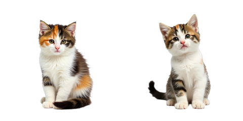 Tri-colored fluffy kitten pair with distinct fur patterns sitting side by side on a transparent background in various poses and expressions.